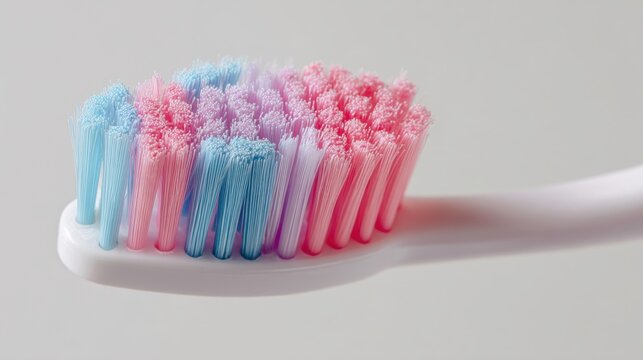 Macro close up of manual toothbrush head with blue and pink soft bristles. Dental care item for daily oral hygiene purpose. Health wellness tool to clean tooth for healthy smile concept.