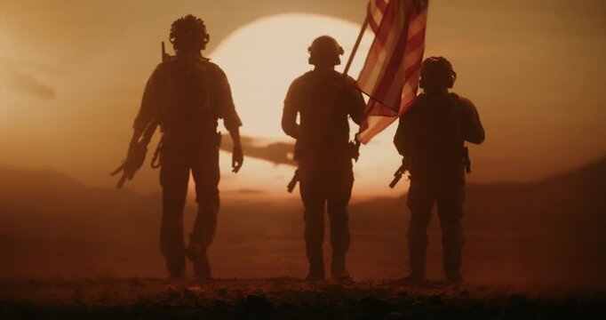 Three Armed Soldiers Walk Desert at Sunset, Holding American Flag, Air Forces in Background. Frontline Security, Peacekeeping Duty, Heroic Valor, Freedom Fighting Warfare. Cinematic Sunset 