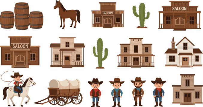 Cartoon Wild West Scene with Cowboys, Saloon, Horse, and Western Buildings for Adventure, History, and Entertainment Illustrations