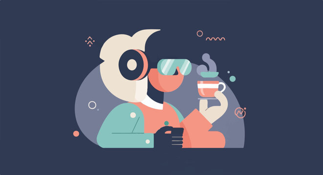 Animated character in VR goggles holding steaming cup of tea