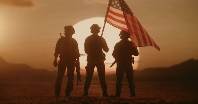 Three Silhouetted Male Soldiers Hold Position, Raising the American Flag  and Wave as Helicopters Air Force Fly. Tactical Warfare, Heroic Valor, Peace Mission Defending Freedom Through Conflict.