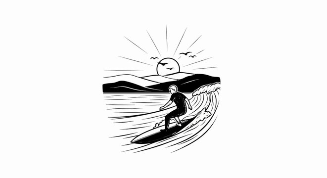 A surfer rides a wave towards the shore as the sun sets over hills