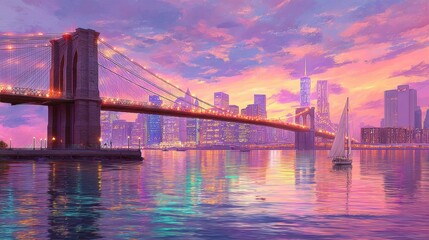Fototapeta premium Brooklyn Bridge at sunset above East River with New York city skyline. Scenic view of urban architecture and skyscraper with sailboat in water. Travel landmark and metropolitan cityscape.
