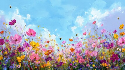 Naklejka premium Colorful wildflower meadow with flying honey bee under blue sky. Oil painting style floral landscape with pink and yellow blossom. Summer nature background with blooming garden flower.
