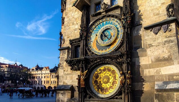 The magnificent Prague astronomical clock, also known as Orloj, proudly showcasing its intricate dials and moving figures on an ancient tower in the historic city center.