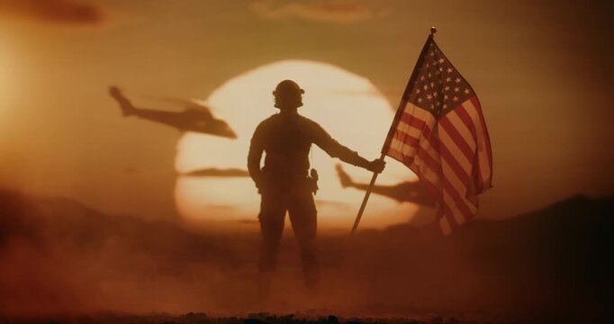 Silhouett of US  Soldier Planting the American Flag in Dsert as Air Forces Fly By. Patriotic Military Duty, National Pride, Wartime Operations Bringing Peace and Democracy. Cinematic Wide Shot