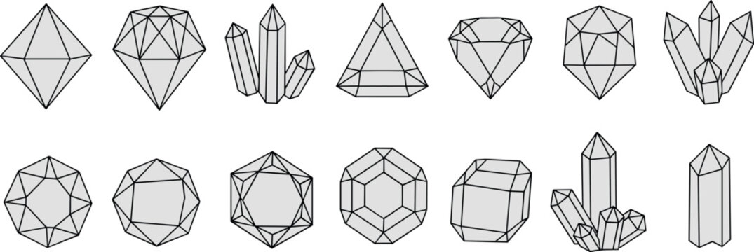 Geometric crystal and gemstone outline collection with polygon diamonds quartz clusters and mineral shapes line art vector set