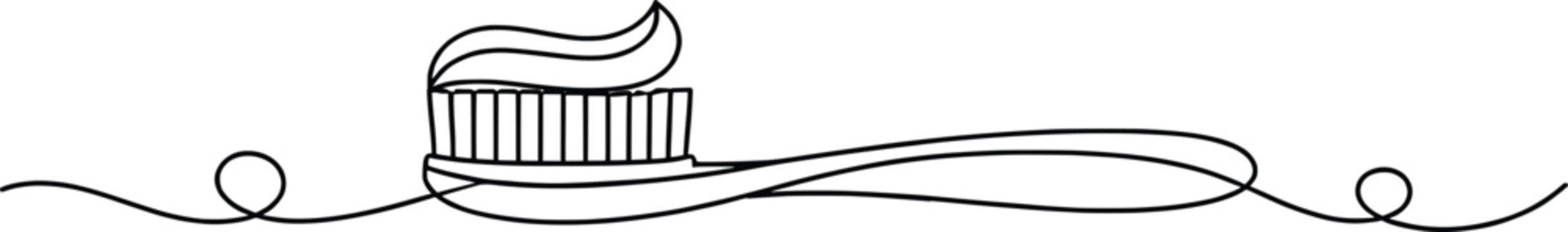 Toothbrush with Toothpaste Line Art Illustration, Daily Dental Hygiene Outline Drawing.