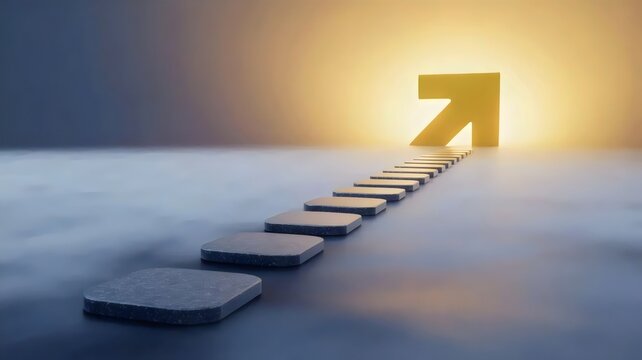 Path of stepping stones toward golden arrow &ndash; Ideal for business roadmap, career planning, or goal setting.