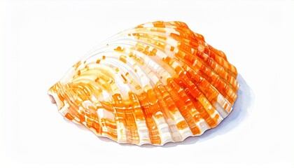 Fan-shaped seashell with ridged texture and orange-white gradient stripes, placed on plain background, highlighting natural symmetry and vivid coloration.