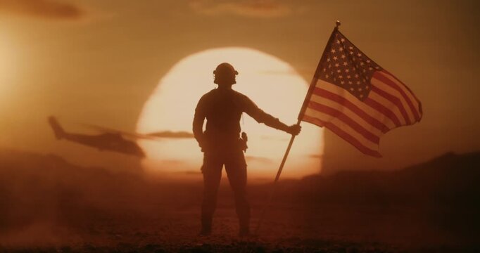Silhouett of US  Soldier Planting the American Flag in Dsert as Air Forces Fly By. Patriotic Military Duty, National Pride, Wartime Operations Bringing Peace and Democracy. Cinematic Wide Shot