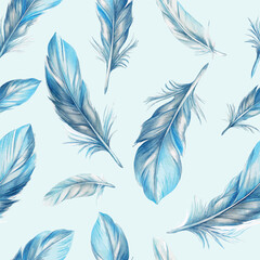 Obraz premium Blue flying feathers watercolor vector seamless pattern
