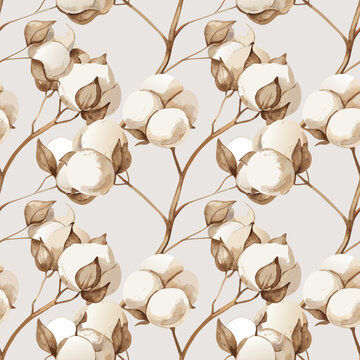 Minimalistic Cotton Flowers Botanical Seamless Vector Pattern