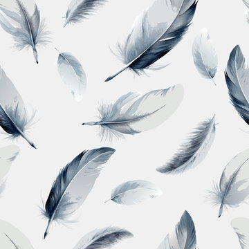 Soft grey flying feathers watercolor vector seamless pattern