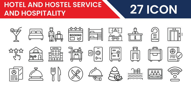 Hotel and Hostel Service, 27 Hospitality Icons, Minimalist Line Art Vector Set for Travel and Accommodation Booking, Modern UI/UX Design Elements