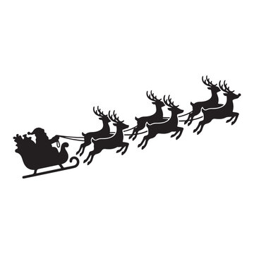 Classic black silhouette illustration of Santa Claus driving his sleigh with eight flying reindeer.