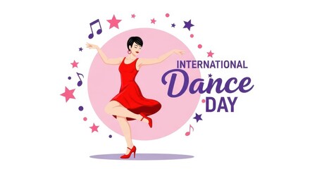 Obraz premium International dance day illustration with dancing woman in red dress and colorful stars