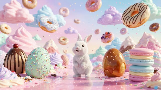 Cute White Bunny Stands in Whimsical Candy Wonderland Sweet Treats