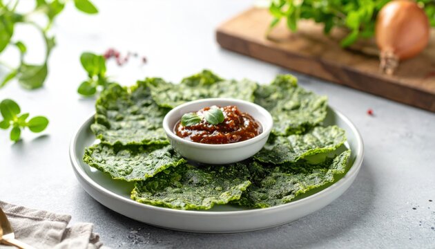Thin and crisp nutrient-dense algae wafers with a savory dipping sauce served on a white plate, showcasing a healthy and delicious snack option.
