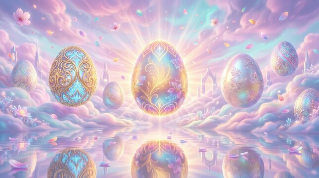 Dreamy Glowing Easter Eggs Pastel Sky Reflection Fantasy