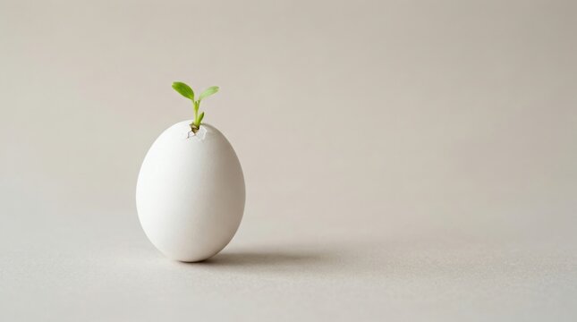 Green sprout growing from a cracked white egg new life concept