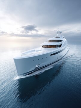 Luxury White Yacht Sailing On Open Blue Ocean