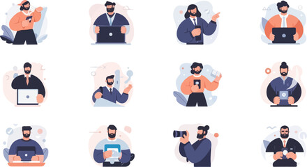 Fototapeta premium Stylized men in various poses with laptops, phones, and cameras