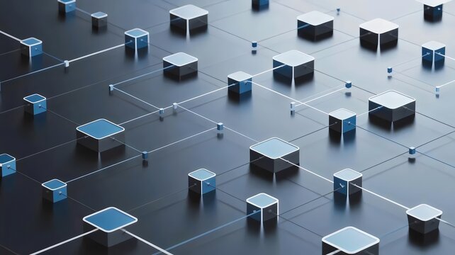 Structured blue square nodes with grid connectivity &ndash; Suitable for data infrastructure, system engineering, or tech growth.
