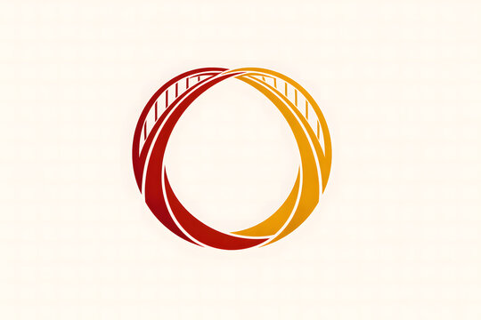 Abstract circular bridge logo in red and gold gradient colors. Concept of global connection, architectural unity, engineering structure, and infinite path of success.