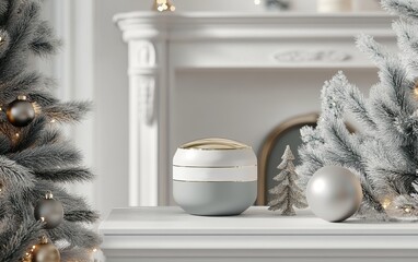 Naklejka premium Festive scene with a round container on a mantel surrounded by frosted pine branches and decor
