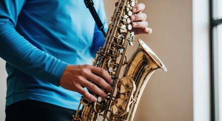 Naklejka premium Person playing a saxophone wearing a blue long sleeve shirt indoors