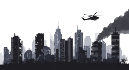 City Skyline with Helicopter Flying.