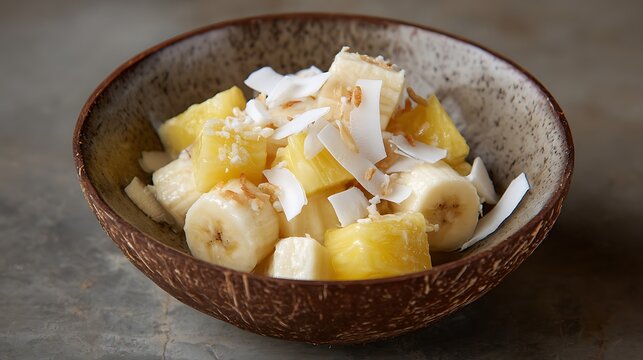 Tropical delight Banana and pineapple chunks with coconut flakes served in natural bowl, perfect for healthy snacking, summer vibes, macro food photography.