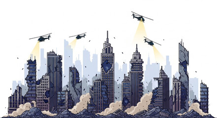 City Skyline with Helicopters Flying.