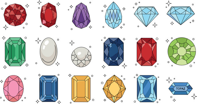 Colorful faceted gemstone collection with diamond ruby emerald sapphire pearl topaz jewels decorative precious stones vector illustration set