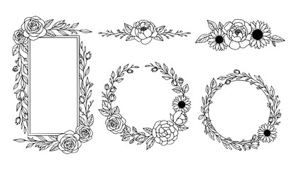 Obraz premium A set of elegant floral wreaths and frames in a minimalist line art style