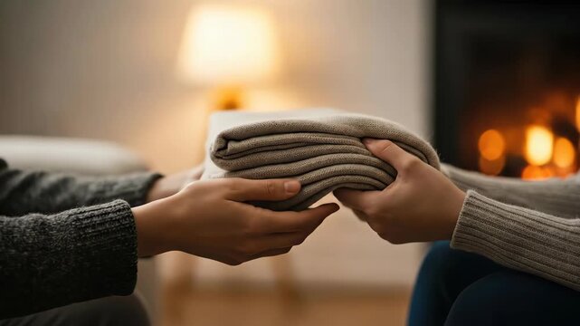 Hands passing folded blankets cozy interior setting close up shot