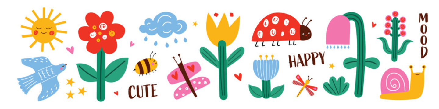 Cute naive spring and summer garden element set with flowers, sun, cloud, bird, bee, butterfly, snail and ladybug. Childish nature illustrations for stickers, nursery decor and scrapbook design.