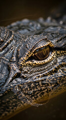 Fototapeta premium Close-up of alligator's eye and scaly skin. The texture and detail highlight the reptile's unique features, symbolizing nature, wildlife and predator