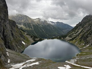Morskie Oko Alpine Lake Aerial View with Mountain Peaks and Snow Patches, Tatra National Park Poland © Юра Лотоцький