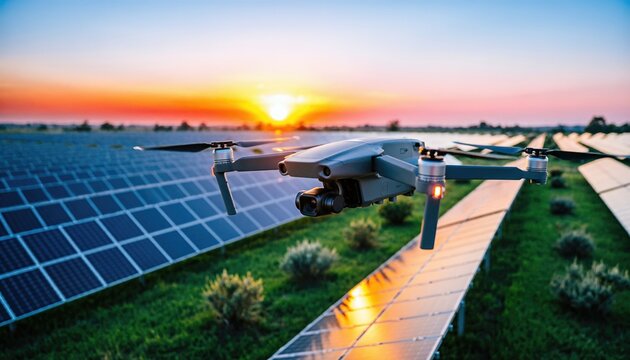 Drone cleaning solar panels on rooftop