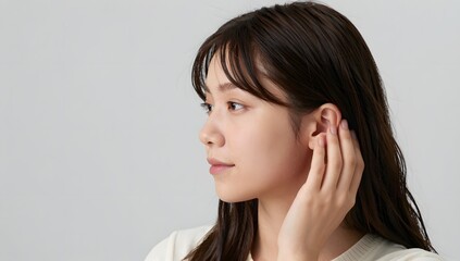 Fototapeta premium Profile of a serene asian woman with her hand gently placed near her ear in studio