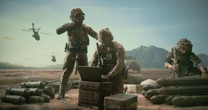 Special Forces Soldiers Conduct Military Operation, Using Battlefield Computers and Surveillance Systems to Track Targets, Coordinate Reconnaissance, Manage Precision Strike in Desert, Modern Warfare 