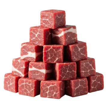 A stack of raw beef cubes on a transparent background for cooking or recipe use