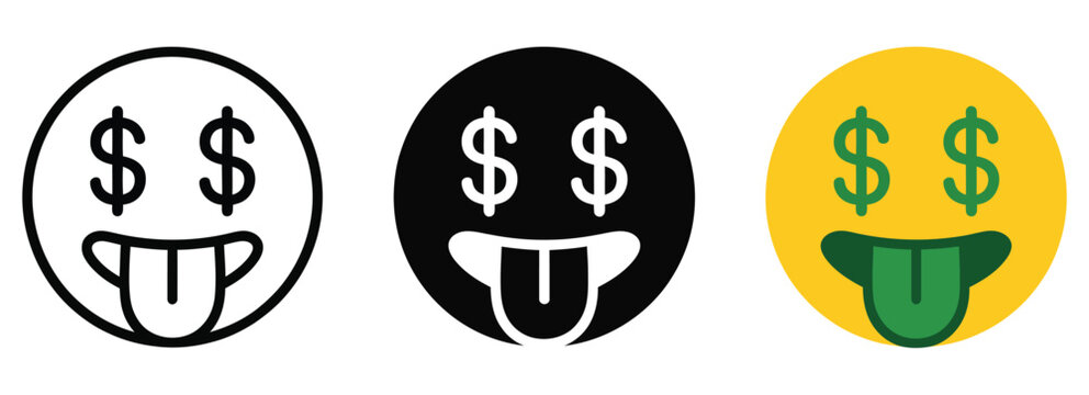 Money face emoji set with dollar signs in eyes and grin variations, vector illustration representing wealth