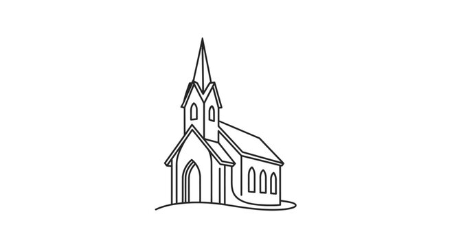 Simple line art illustration of a church building with a steeple, depicting religion, worship, and spiritual architecture.
