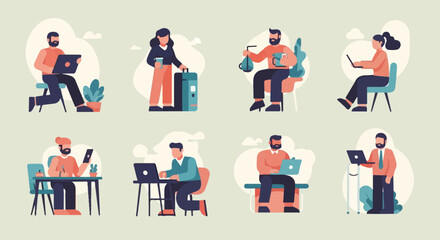 Naklejka premium Diverse individuals engaged in digital tasks with laptops, phones, and notes
