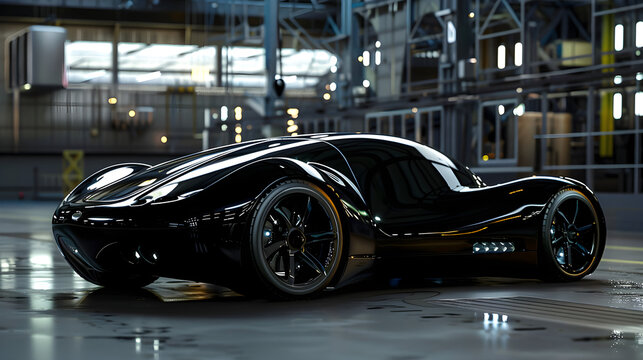 Futuristic black supercar concept in a modern industrial factory. Sleek aerodynamic sports car 3D render illustration.