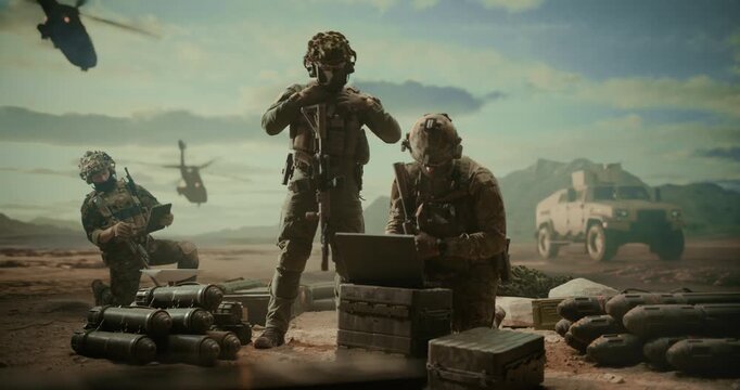 Special Forces Soldiers on Desert Command Post, Using Laptop to Monitor Targets, Reconnaissance, Precision Strike Support Beside Munitions, Helicopters, Tactical Vehicles in Middle East Combat Zone