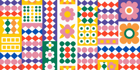 Colorful geometric pattern with floral motifs and repeating shapes © Rathindranath